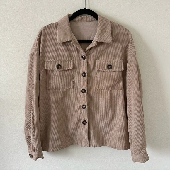Corduroy Button Down Tan Brown Women's Jacket Collared Button Up Layering Top - Picture 3 of 3